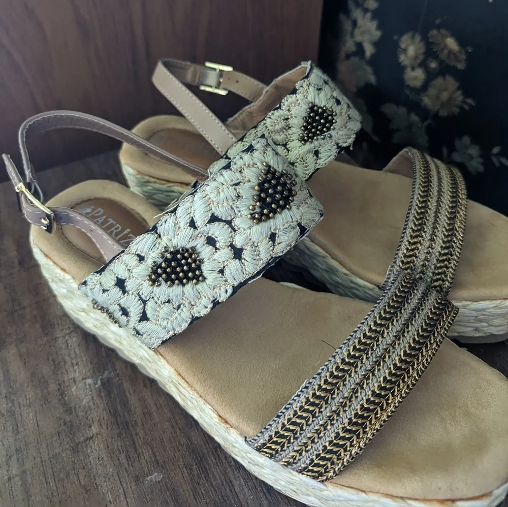 Patrizia by Spring Step Floral Stitched Wedge Heel Beaded Embellishments Size 8